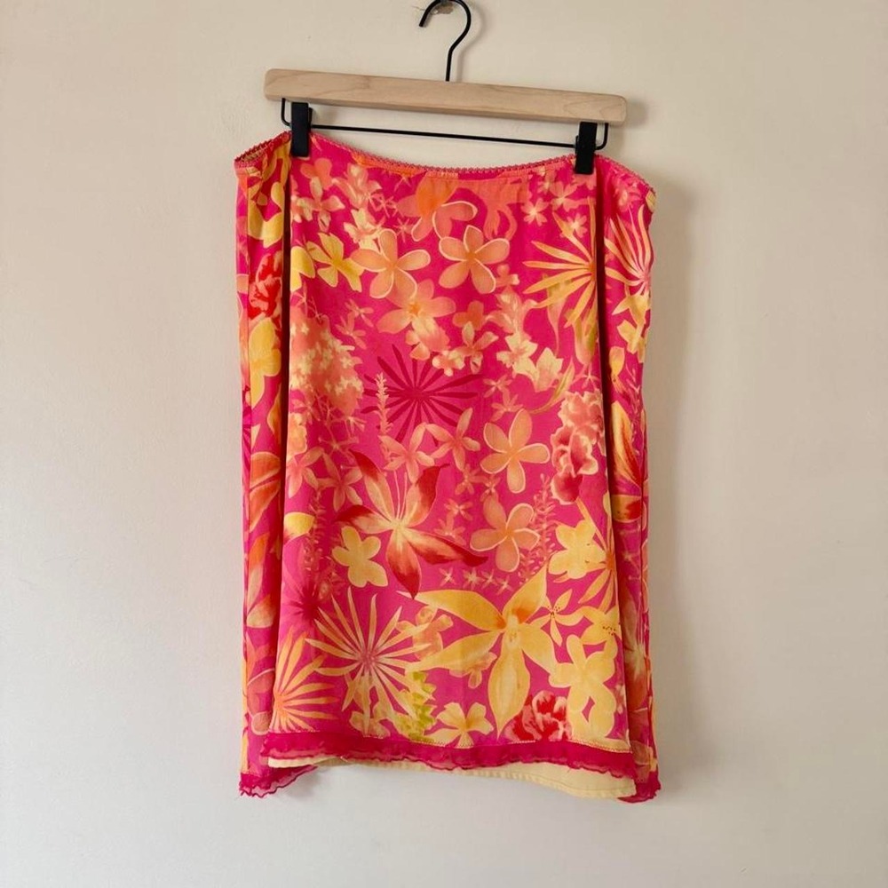 Y2K Silk Orange Pink Yellow Floral Skirt XL fairy beach resort tropical flutter